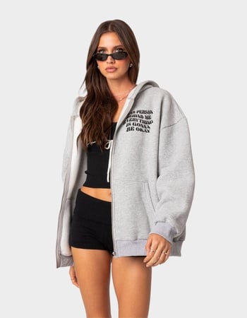 EDIKTED Everything's Ok Zip Up Oversized Hoodie Alternative Image