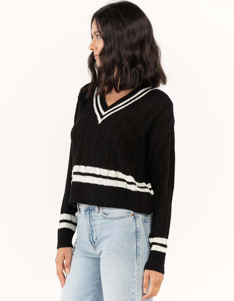 FULL CIRCLE TRENDS Cable Knit V Neck Womens Varsity Sweater image number 1