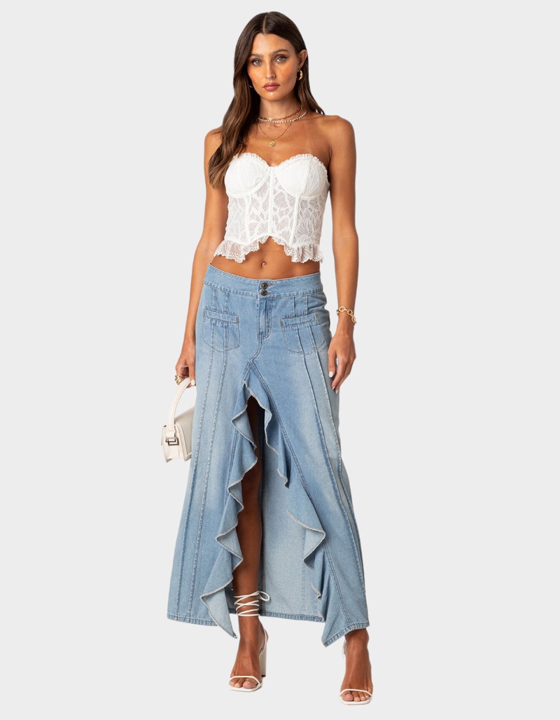 EDIKTED Valencia Ruffle Slitted Denim Maxi Skirt image number 4