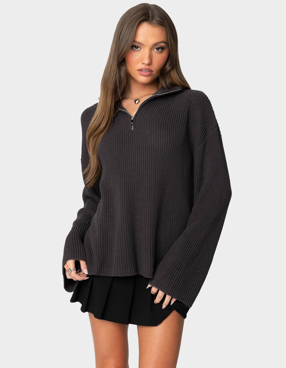 EDIKTED Amour High Neck Oversized Zip Sweater - GRAY | Tillys