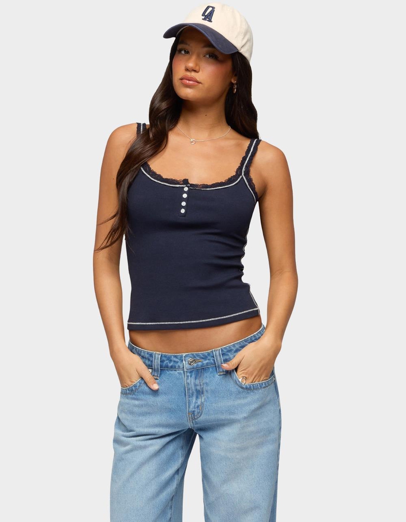 EDIKTED Contrast Stitched Lacey Henley Top image number 0