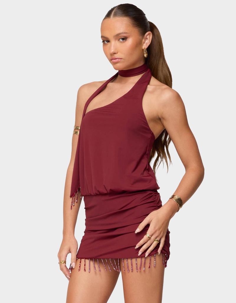 EDIKTED Danit One Shoulder Fringed Mini Dress image number 1