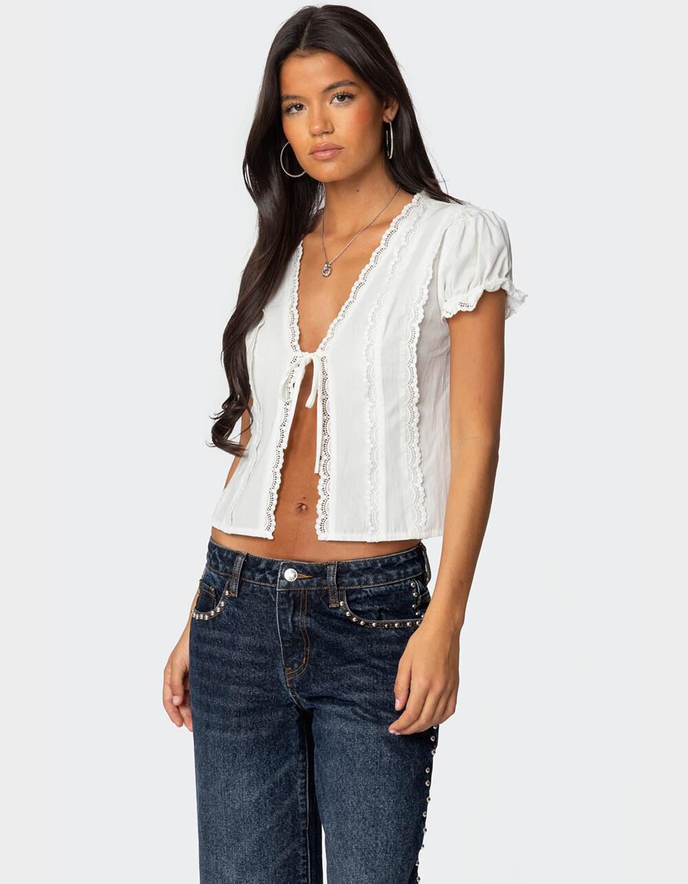 EDIKTED Cotton Lacey Tie Front Top - WHITE | Tillys