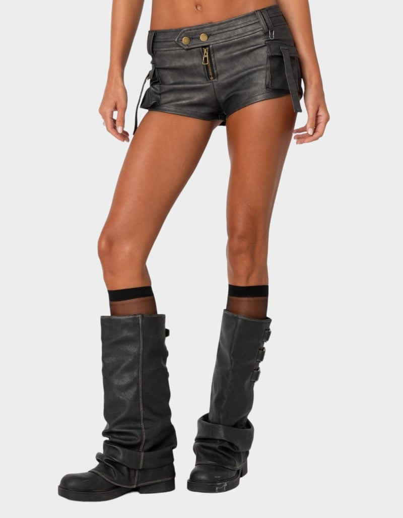 EDIKTED Washed Faux Leather Micro Cargo Shorts - BLACK | Tillys