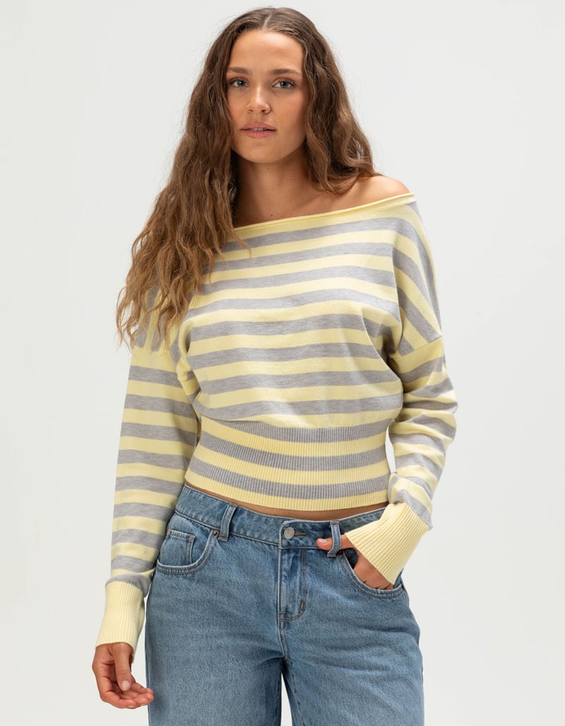 RSQ Womens Off The Shoulder Stripe High Rib Sweater image number 0