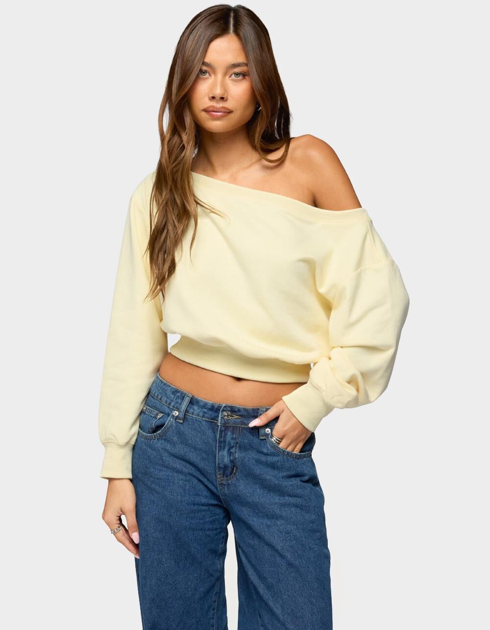 EDIKTED Christy Off Shoulder Sweatshirt - YELLOW | Tillys