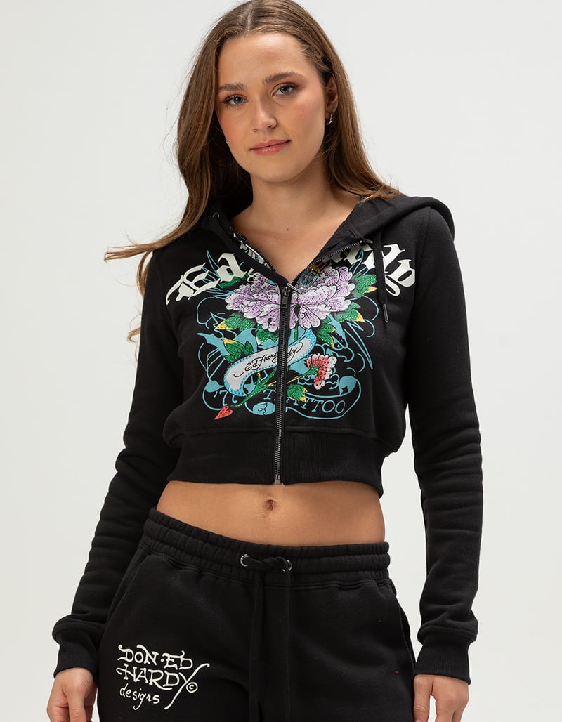 ED HARDY Ice Flower Womens Zip-Up Rhinestone Hoodie image number 0