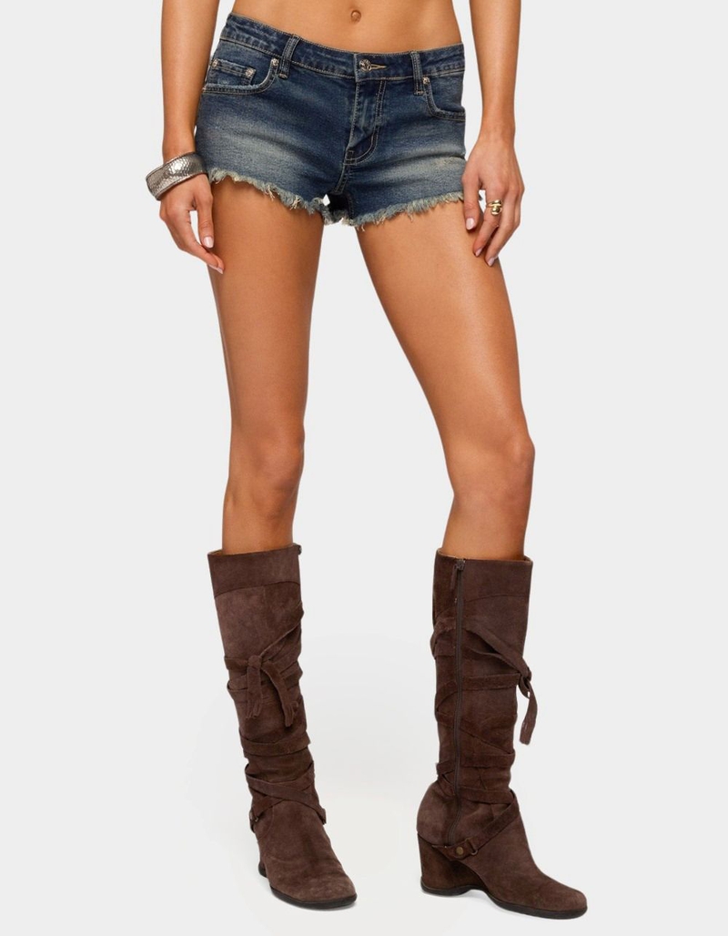 EDIKTED Distressed Hem Denim Micro Shorts image number 0