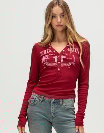 TRUE RELIGION Ribbed Faded Logo Womens Long Sleeve Henley Top Primary Image