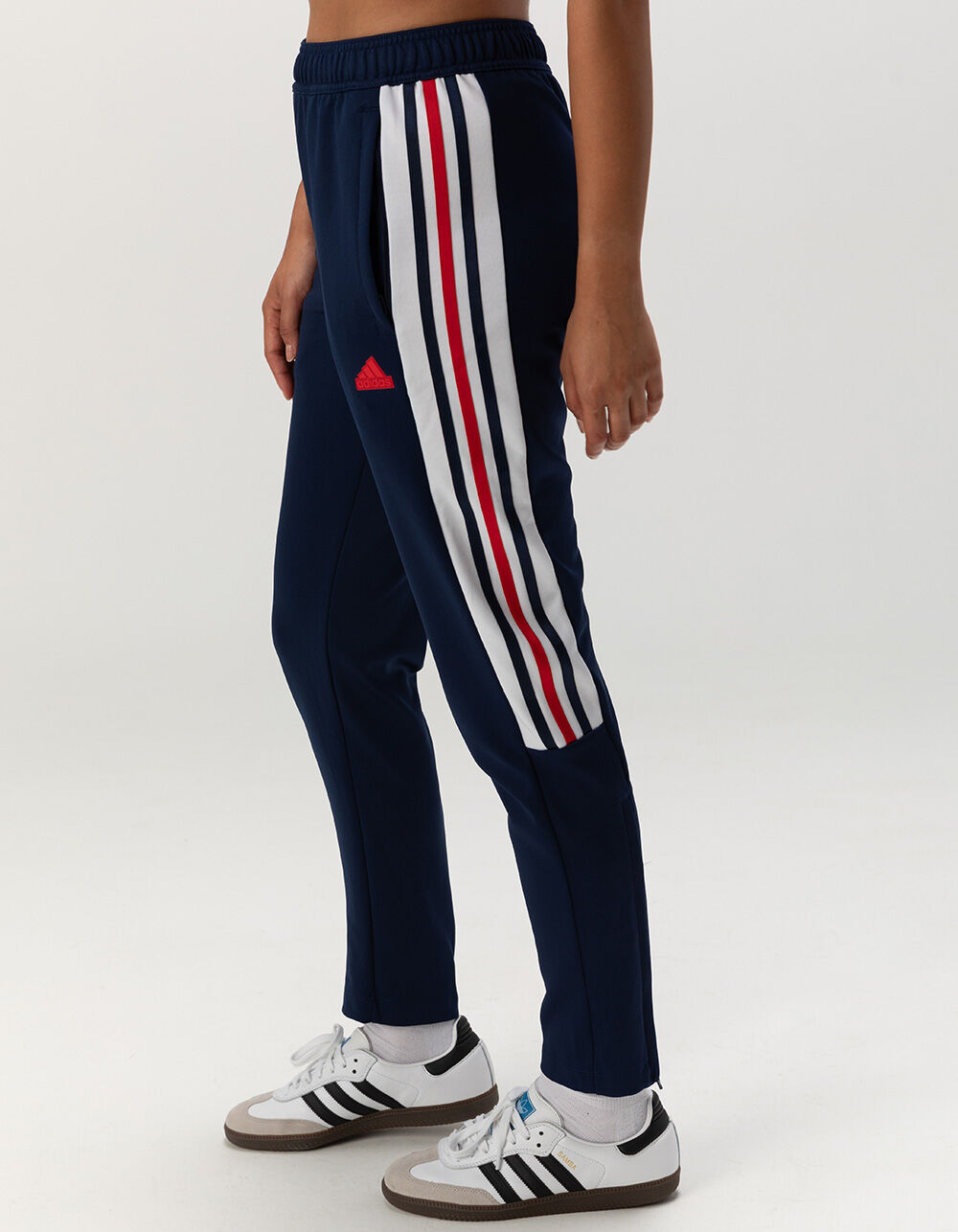 red white and blue adidas track pants
