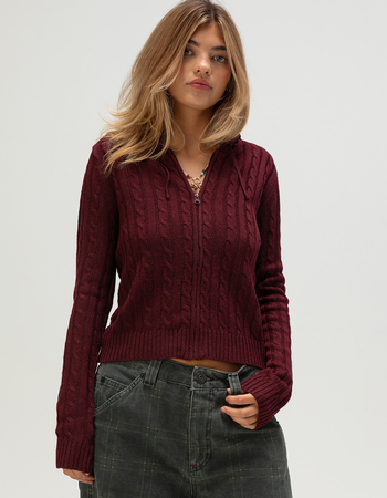 LOVE TREE Womens Zip-Up Hooded Cable Knit Sweater Primary Image