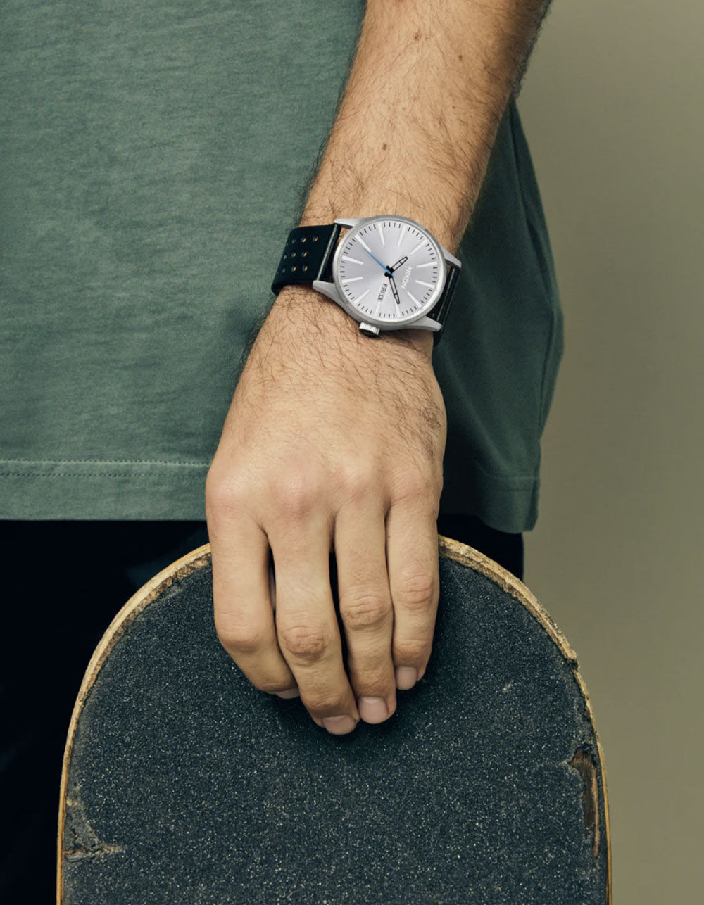 NIXON Sentry Leather Watch - BLK/SILVER - ONE SIZE | Tillys