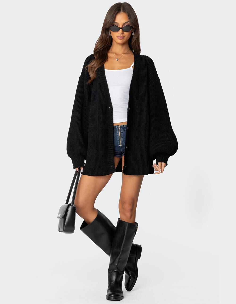 EDIKTED Mathilde Oversized V-Neck Cardigan - BLACK | Tillys