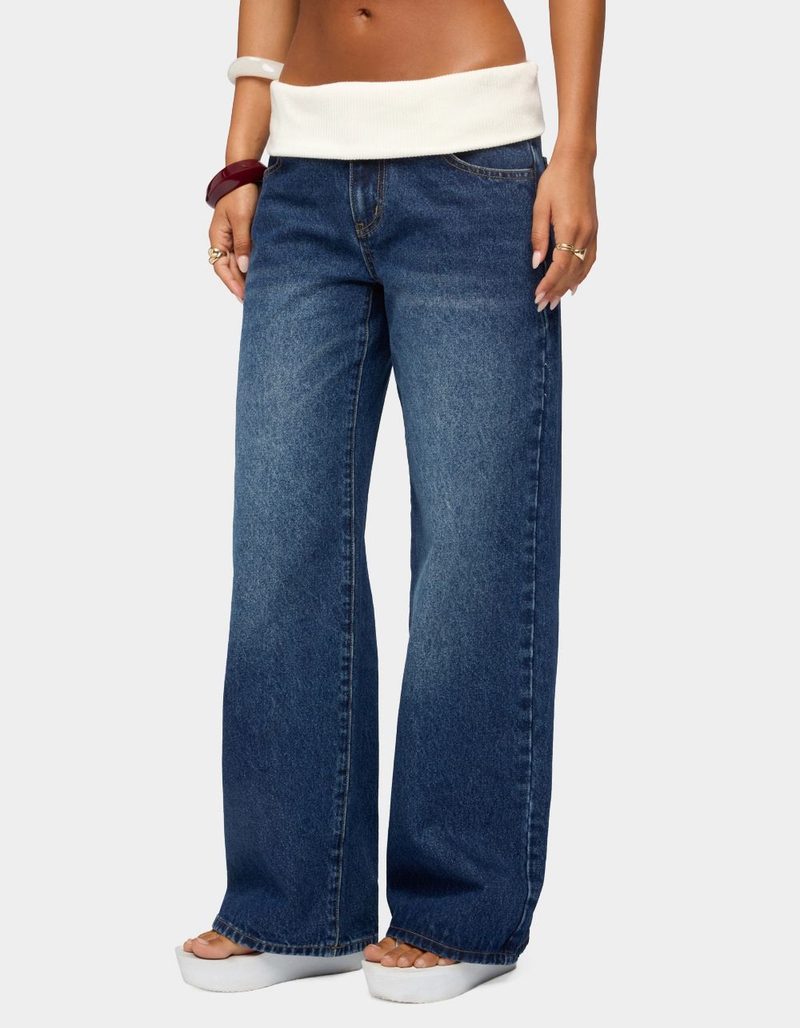 EDIKTED Knit Foldover Low Rise Baggy Jeans image number 1