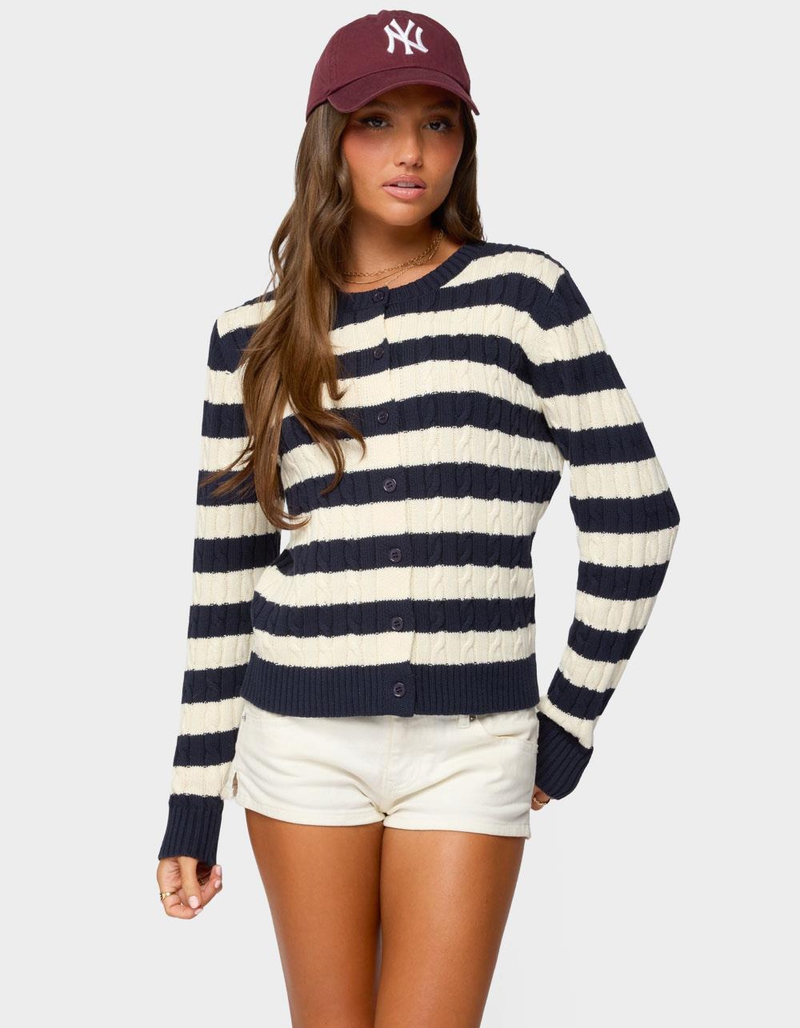 EDIKTED Mildred Striped Cable Knit Cardigan image number 0