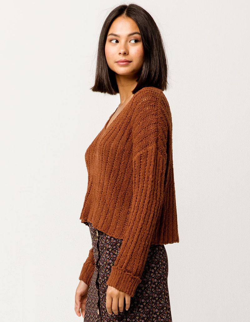 SKY AND SPARROW Open Weave Brown Womens Crop Sweater image number 1