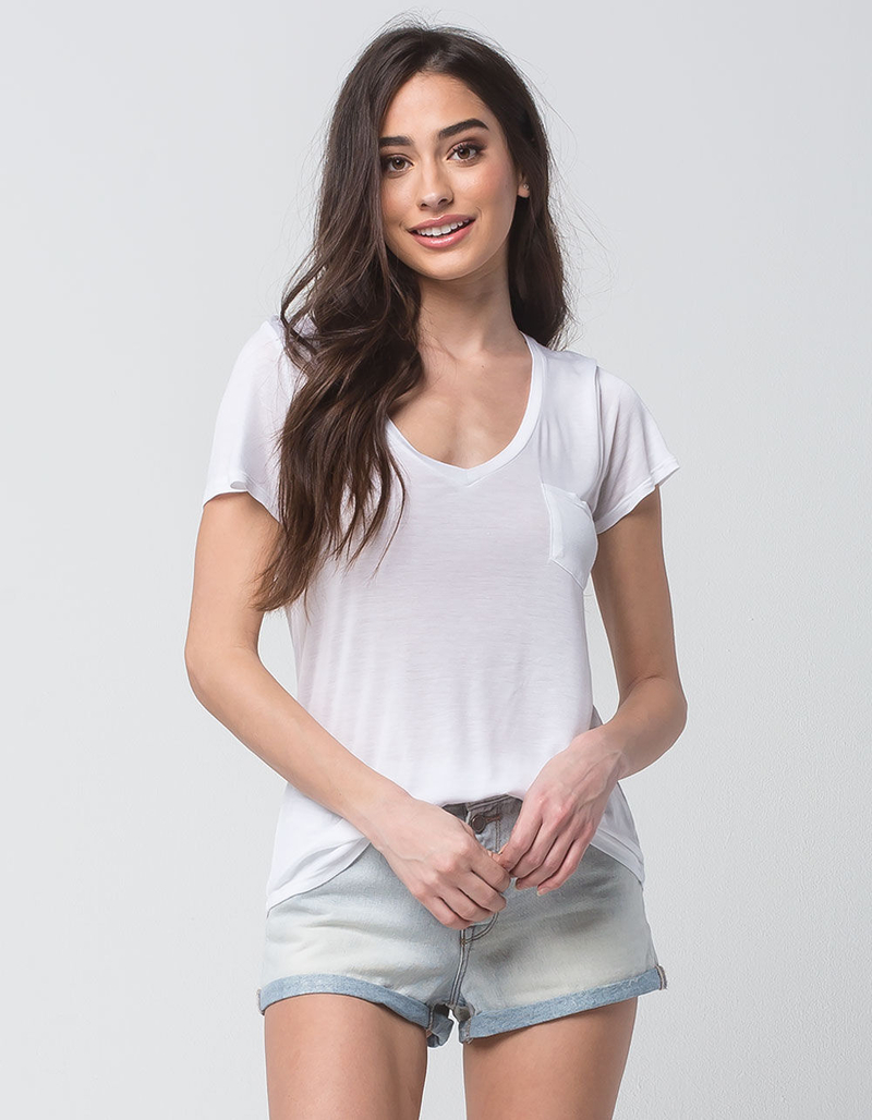 FULL TILT Essentials V-Neck White Womens Pocket Tee image number 0