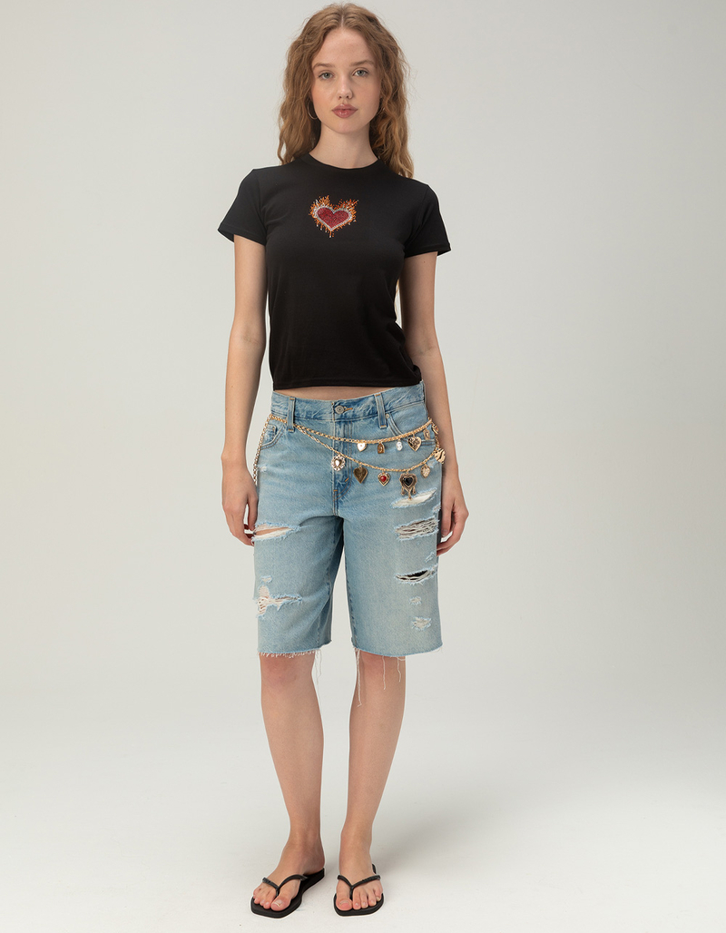 SUGAR FLOWER Heart Rhinestone Womens Baby Tee image number 4