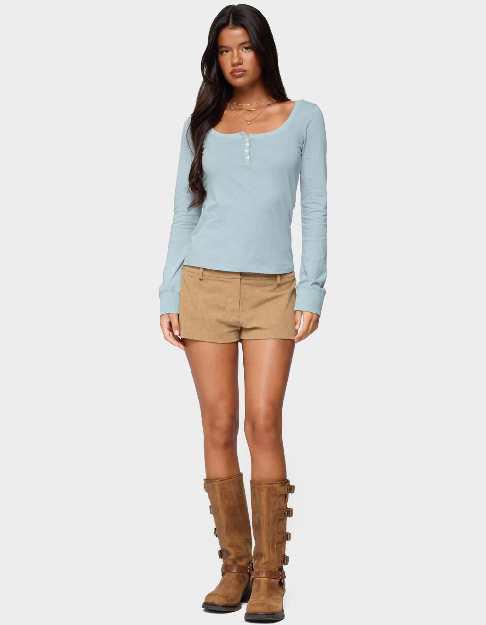 EDIKTED Steffey Scoop Neck Henley Top - LIGHT BLUE | Tillys