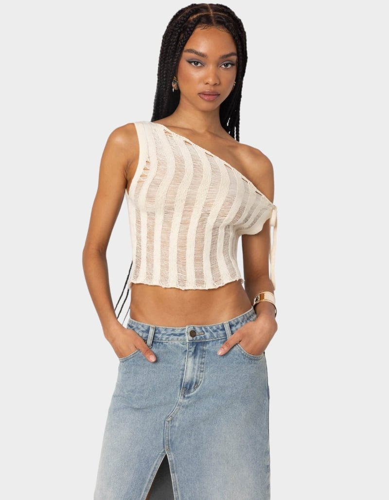 EDIKTED Tamra Sheer Knit Asymmetric Top image number 0