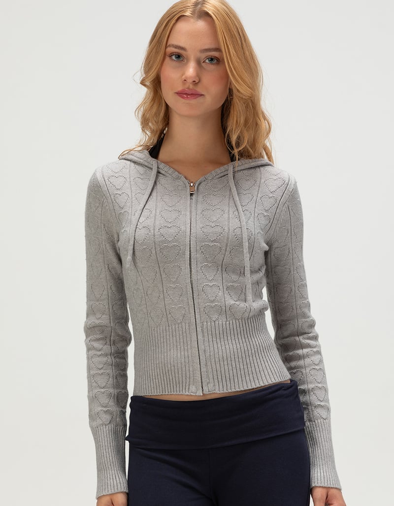 RSQ Womens Pointelle Zip-Up Hooded Sweater image number 1