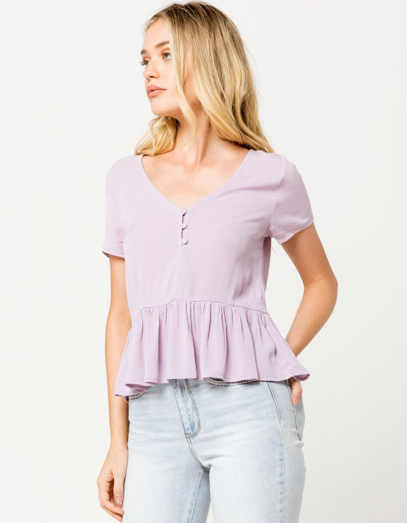H.I.P. Solid Button Front Peplum Lavender Womens Top image number 0