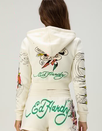 ED HARDY Rhinestone Panther Womens Crop Zip-Up Hoodie Alternative Image