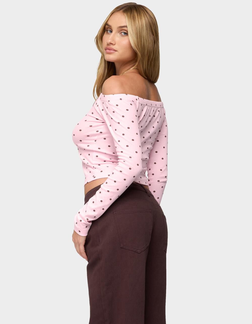EDIKTED Leandra Off Shoulder Polka Dot Top - LIGHT PINK - M | Tillys