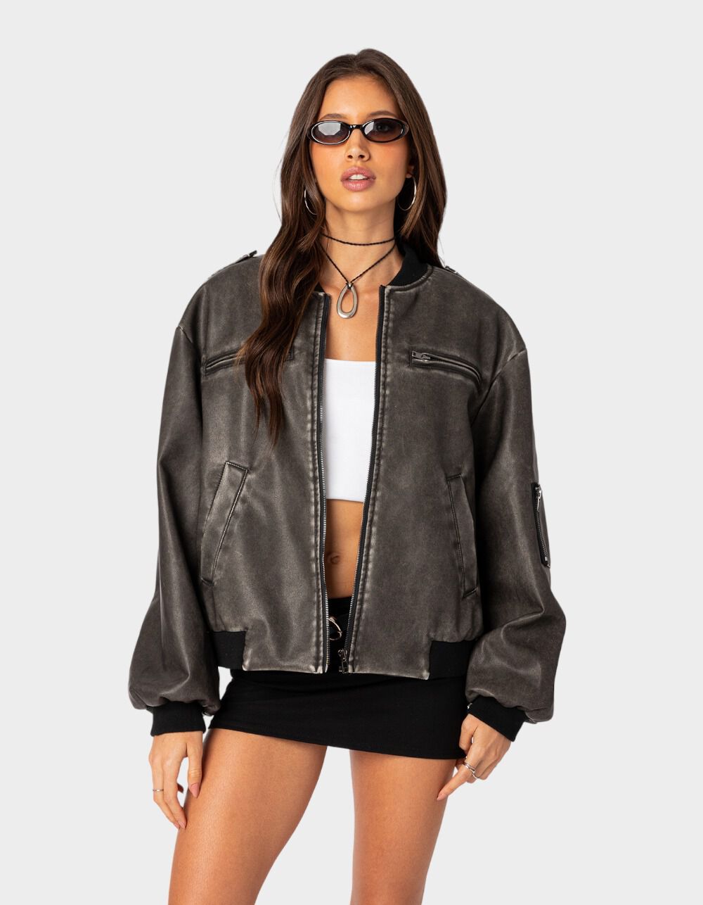 EDIKTED Vava Washed Faux Leather Womens Bomber Jacket - GRAY | Tillys