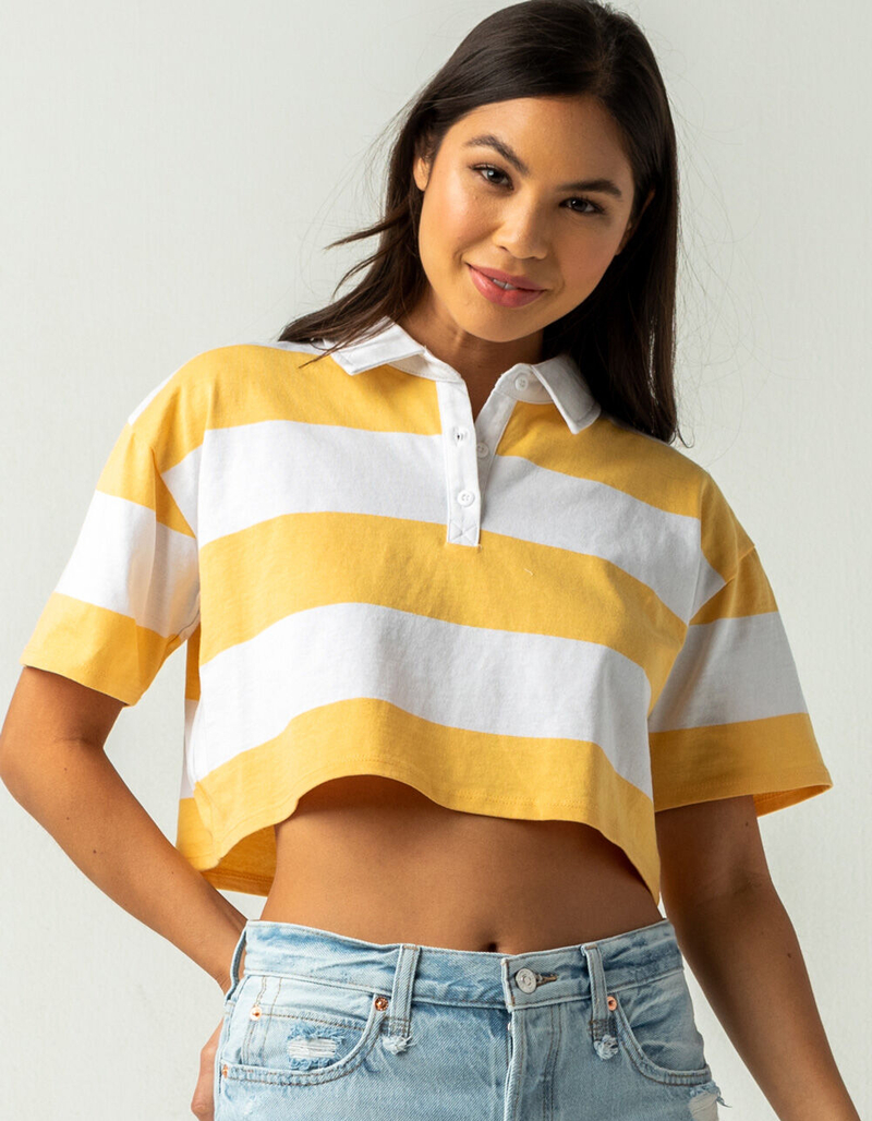 FULL TILT Rugby Stripe Womens Mustard Polo Shirt image number 0