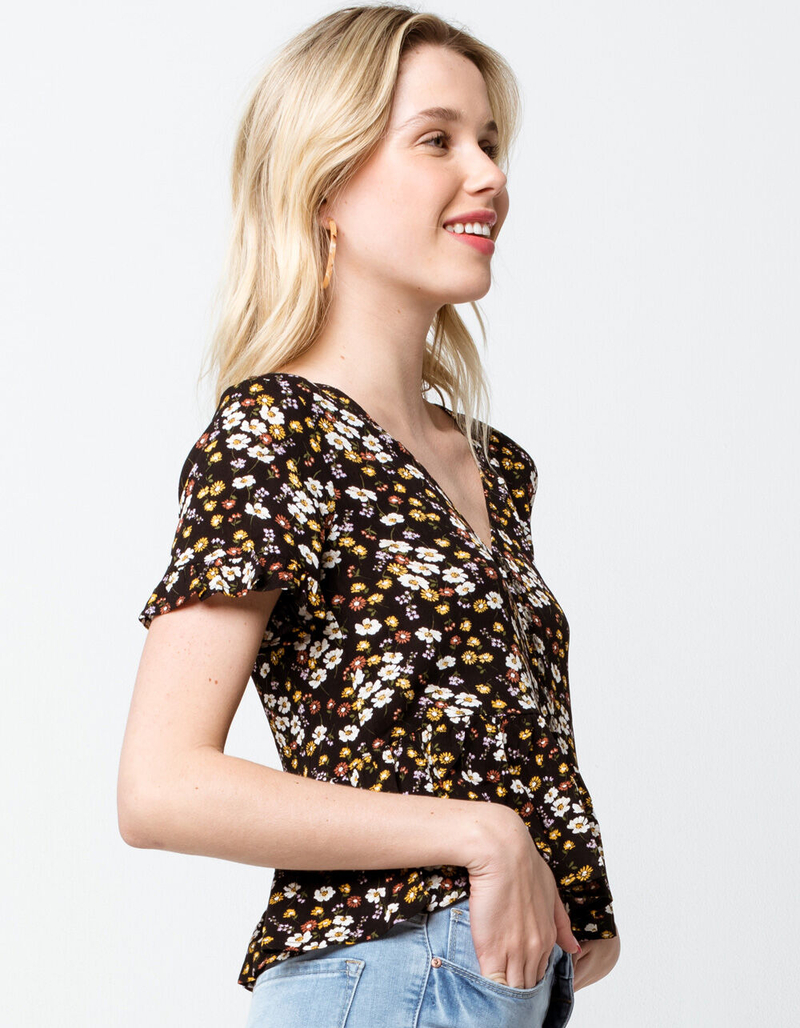 SKY AND SPARROW Ditsy Button Ruffle Womens Babydoll Top image number 1