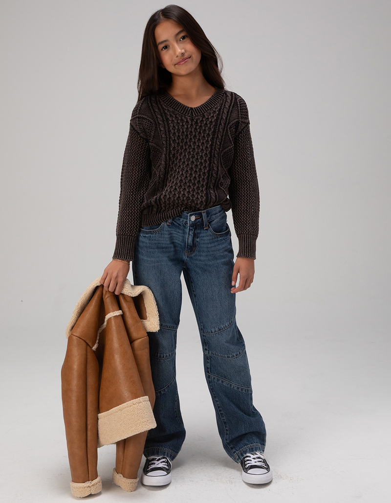 FULL TILT Girls Washed Cable Knit V-Neck Sweater image number 2