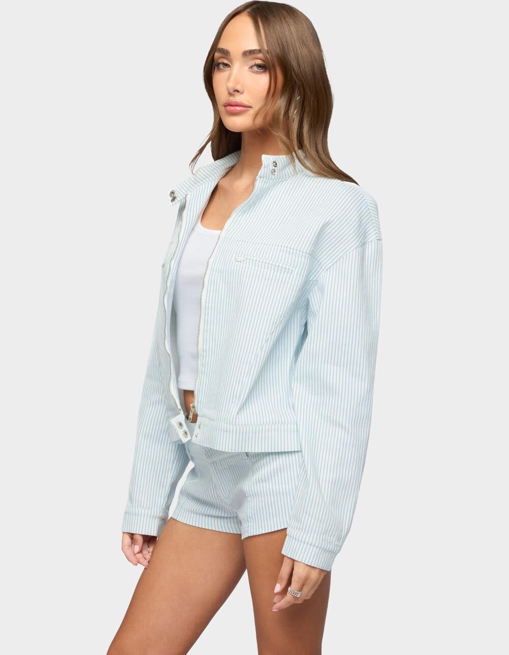 EDIKTED Myah Pinstripe Moto Jacket - WHITE | Tillys