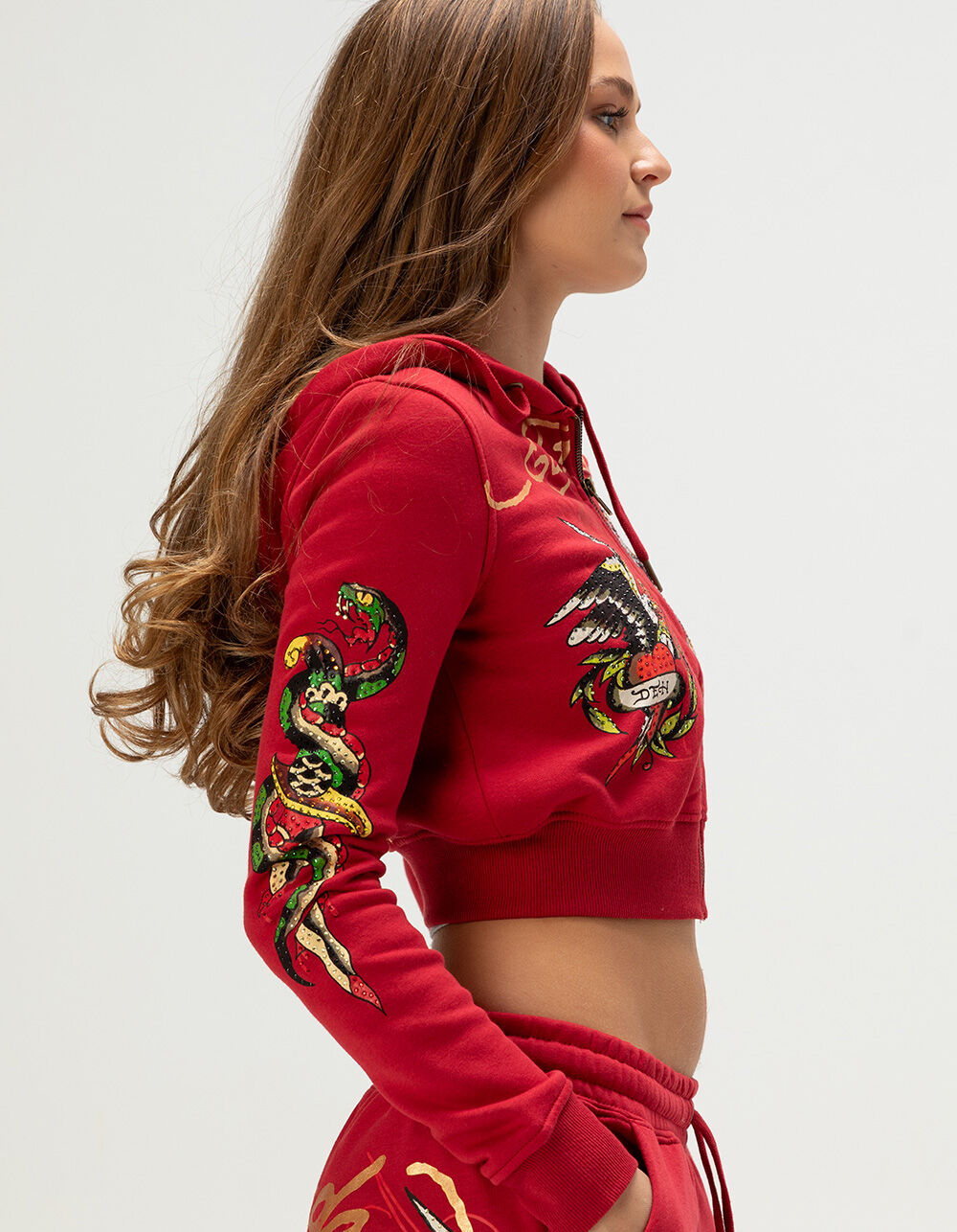 ED HARDY Eagle Tiger Womens Zip-Up Rhinestone Hoodie - RED - L