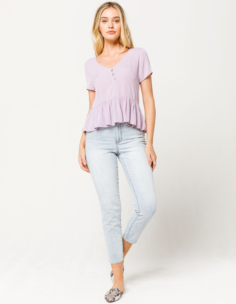 H.I.P. Solid Button Front Peplum Lavender Womens Top image number 3