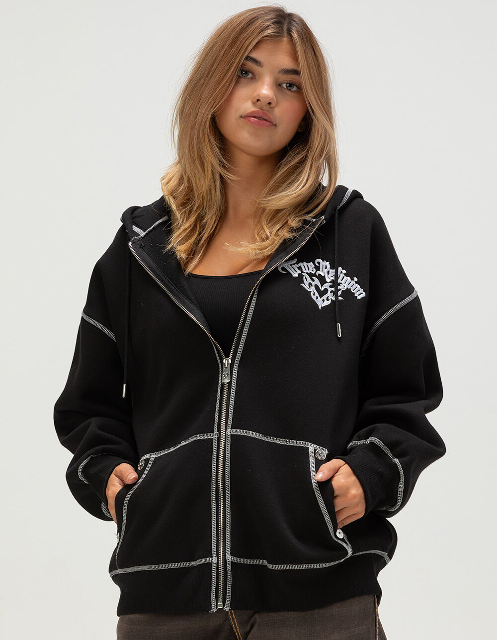TRUE RELIGION Winged Heart Applique Womens Zip-Up Boyfriend Hoodie