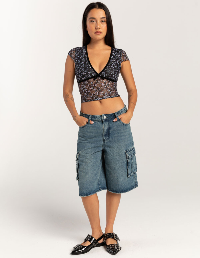 FULL TILT Printed Lace Womens V-Neck Top image number 1