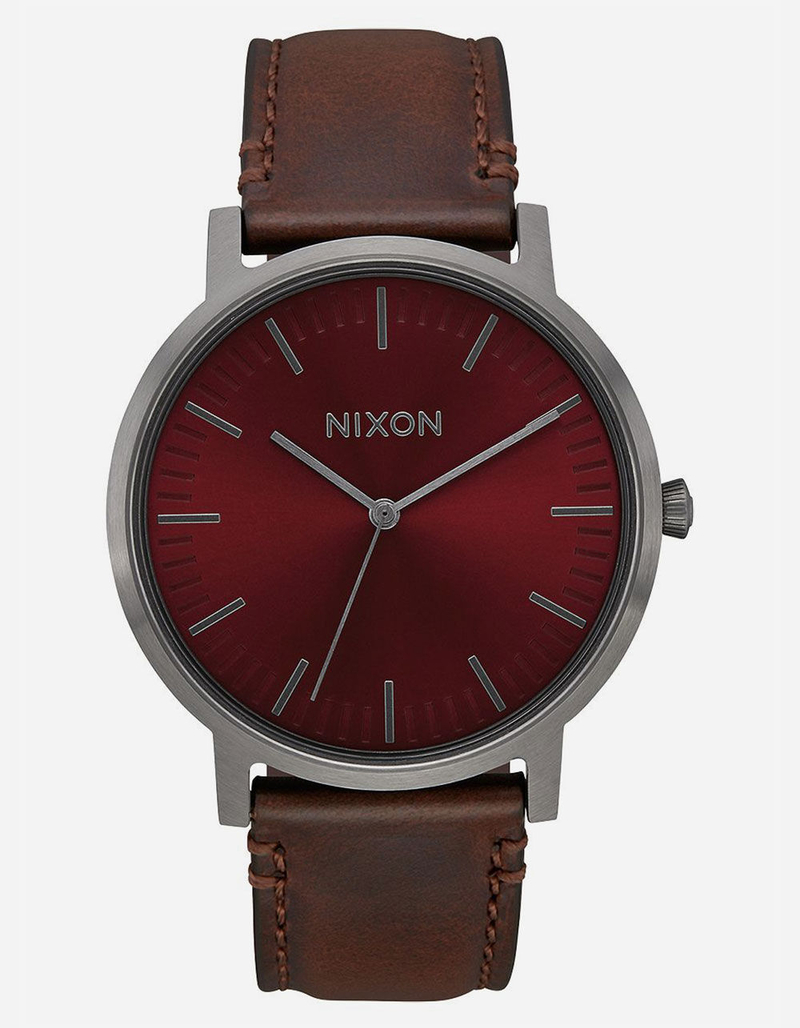 NIXON Porter Leather Gunmetal & Burgundy Watch image number 0