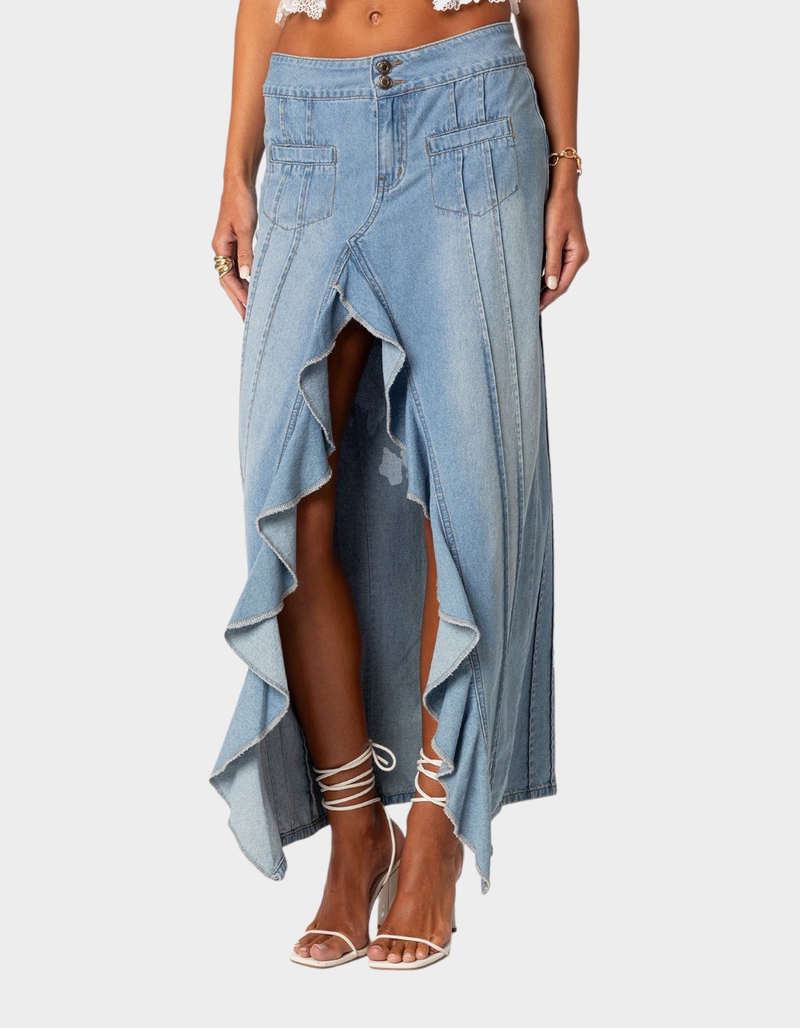 EDIKTED Valencia Ruffle Slitted Denim Maxi Skirt BLUE Tillys