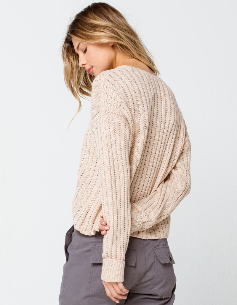 SKY AND SPARROW Open Weave V Neck Womens Tan Crop Sweater image number 2