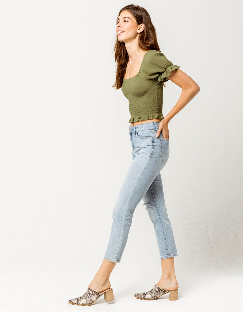 SKY AND SPARROW Smocked Puff Sleeve Womens Crop Top image number 3