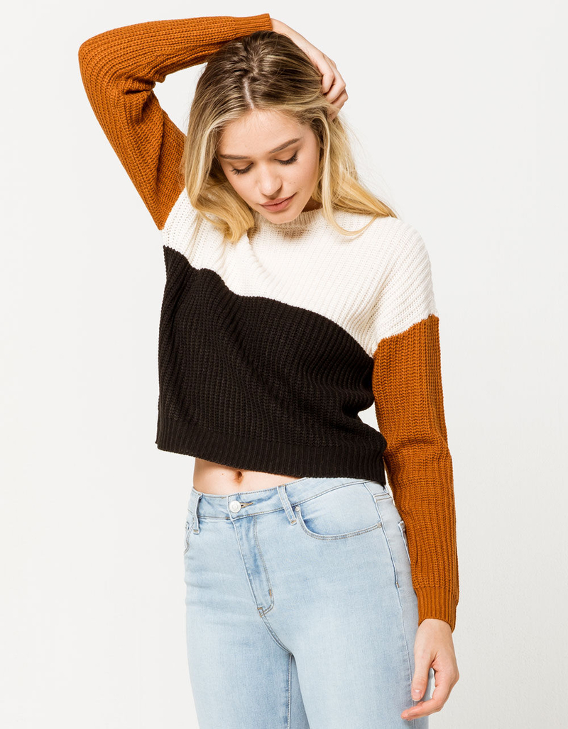 FULL TILT Color Block Tan Womens Crop Sweater image number 0