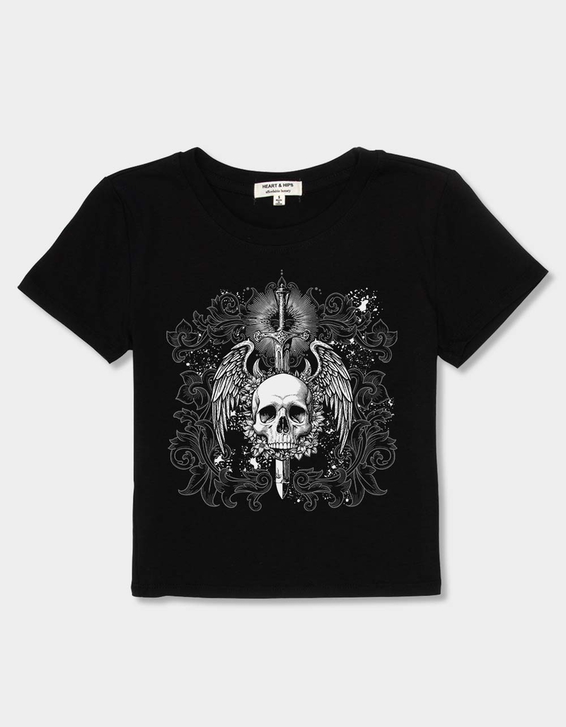 SKULL Winged Skull Womens Baby Tee image number 1