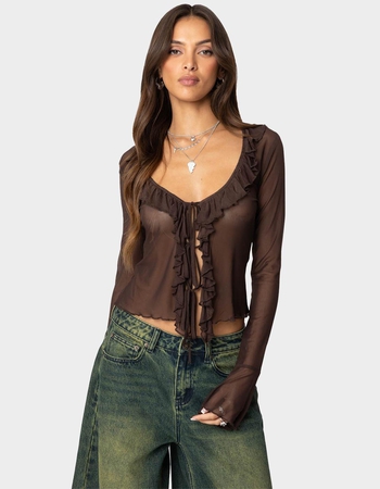 EDIKTED Sheer Mesh Ruffled Top Primary Image