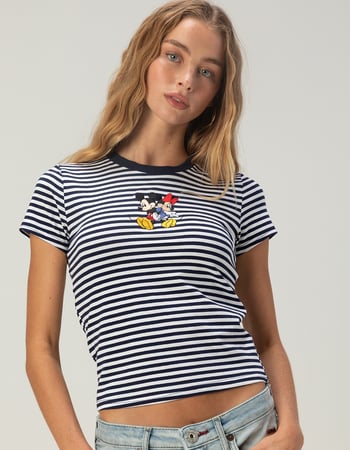 DISNEY Minnie And Mickey Womens Embroidered Stripe Baby Tee Primary Image