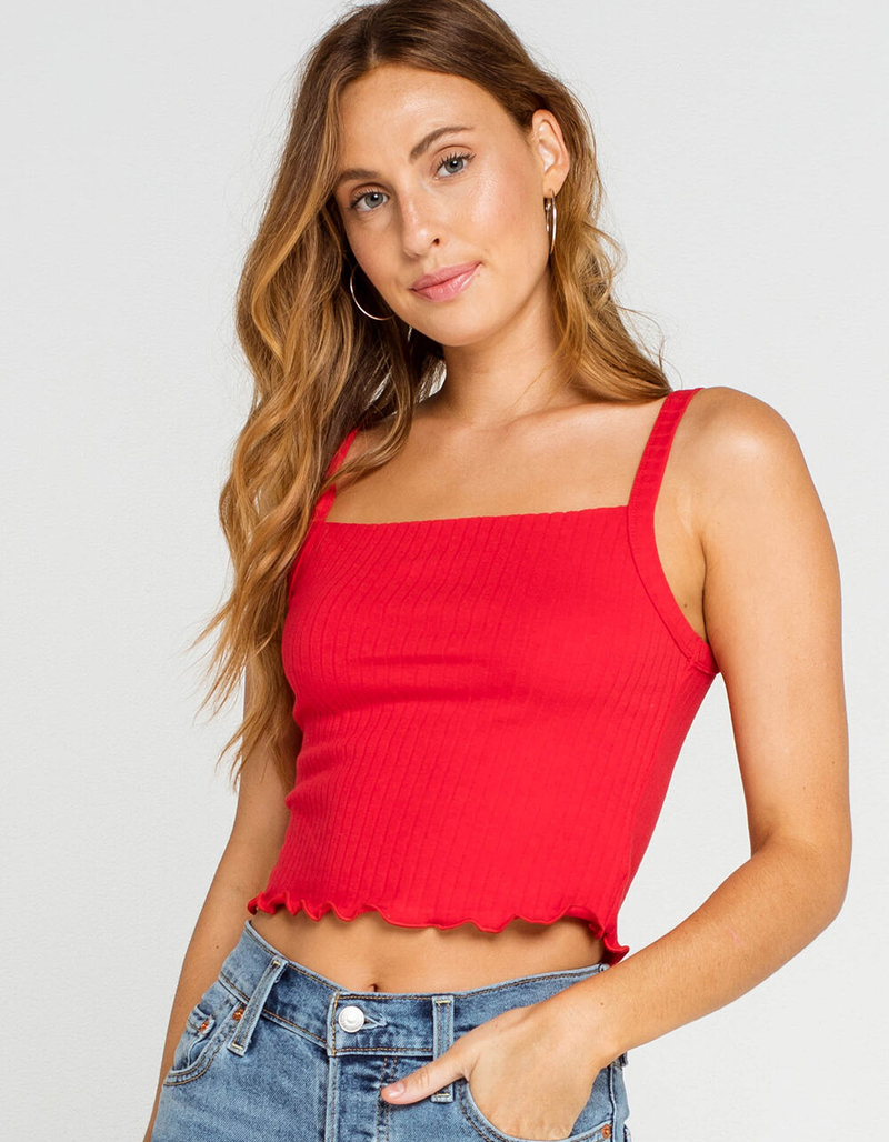 HEART & HIPS Lettuce Edge Square Neck Womens Red Tank image number 0