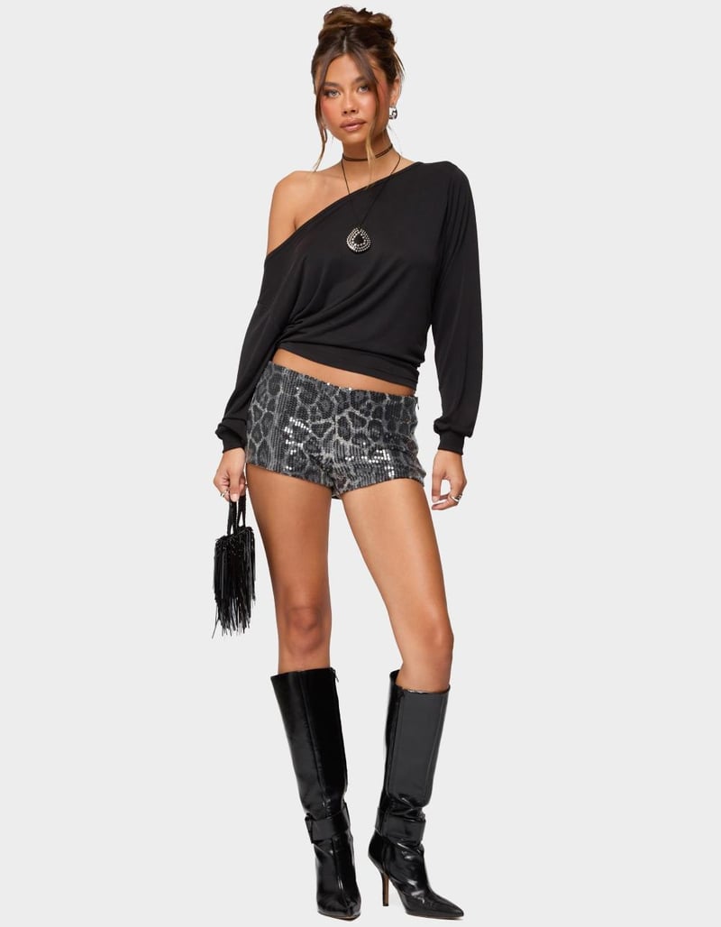 EDIKTED Sequin Leopard Printed Micro Shorts image number 4