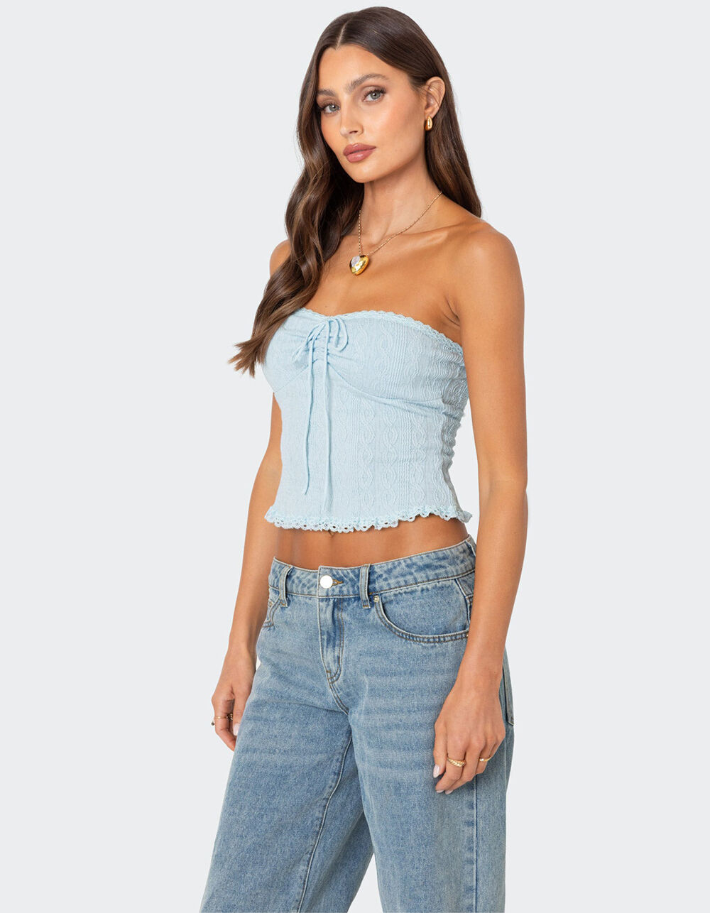 トップス MEET THE LADY lib tube top EDIKTED Lacey Knit Tube Top - LIGHT BLUE | Tillys