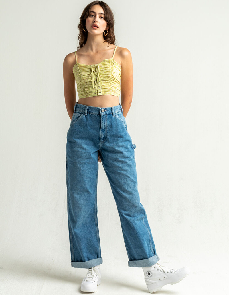 SKY AND SPARROW Ruched Lace Up Womens Citron Cami image number 3