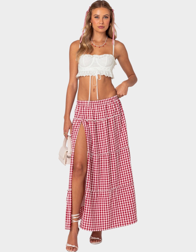 EDIKTED Gingham Side Slit Tiered Maxi Skirt image number 1